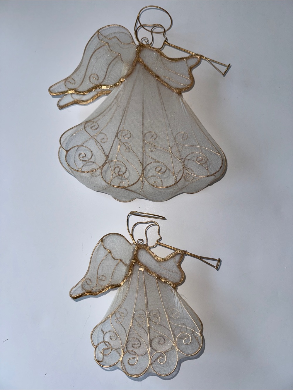 Gold and White Wire Mesh Angel Ornaments - Set of 2